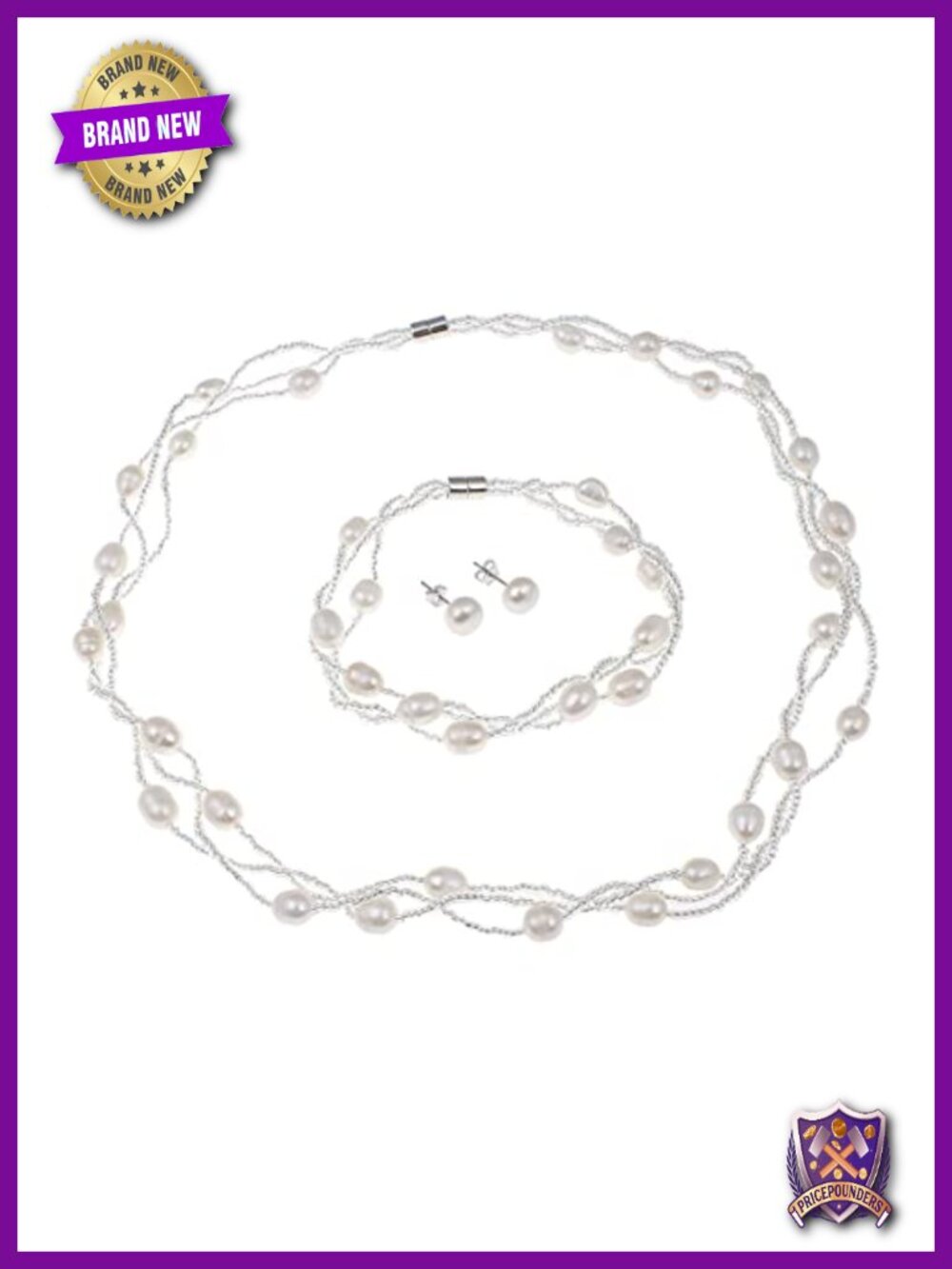 Freshwater Pearl Necklace Bracelet Earrings Set Multi Strand Handmade Women's